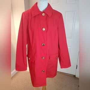 Dennis Basso Red Trench Coat with Gold Buttons